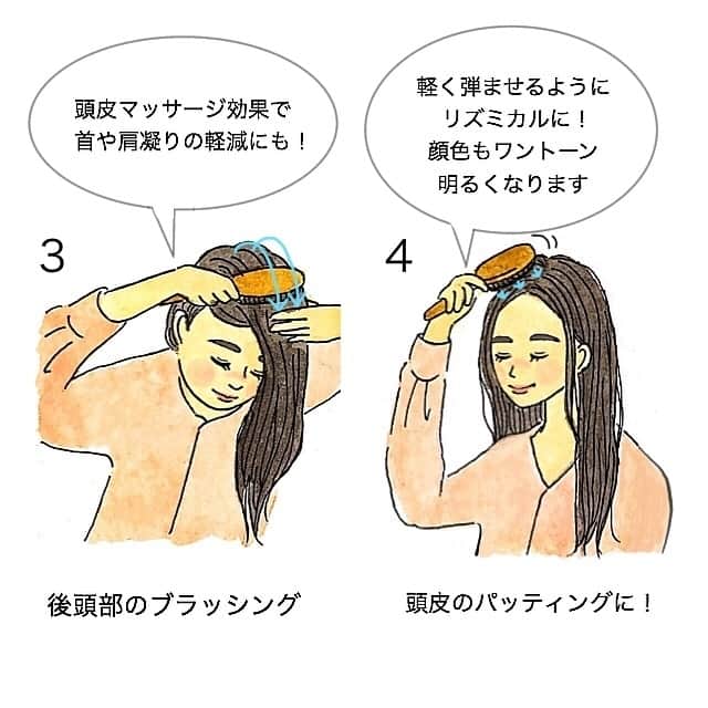 ラ・カスタさんのインスタグラム写真 - (ラ・カスタInstagram)「ヘアケアの基本！ ～正しいブラッシング方法～ . ワンランク上の美しい髪を手に入れたい方に 取り入れていただきたいのが毎日のブラッシング。 正しいブラッシング方法を身に付けて、 美しい髪を育む、いきいきとした頭皮を目指しましょう♪ . ＜ブラッシングのポイント💡＞ . POINT①：必ず“ブラッシング専用”のブラシを 目の細かいクシやブローブラシはブラッシングには不向き。静電気を発生させず毛先の柔らかい豚毛や猪毛のブラシがベストです◎ . POINT②：シャンプー前のブラッシングを習慣に 頭皮についた皮脂や汚れが浮きやすくなり、シャンプー時の泡立ち＆洗浄効果がUPします！ . POINT③：摩擦がおきないように丁寧にゆっくりと 一番気を付けたいのが、髪への摩擦。いきなり髪の根元にブラシを入れるのではなく、まずは毛先から優しく梳かして絡まりをなくし、その後全体的にブラッシングしましょう◎ . POINT④：ブラッシングは乾いた髪に！ 濡れた髪へのブラッシングは、キューティクルがはがれやすくなるのでNG❌必ず乾かしてから行いましょう！ . ＜正しいブラッシング方法💡＞ . STEP①：前頭部、頭頂部のブラッシング 気になる額のシワをのばすように、前髪の生え際から頭頂部に向かってブラッシングします。 . STEP②：フェイスラインのブラッシング 顔周りにブラシを垂直に当て、斜め後ろ、頭頂部に向かってグッと持ち上げるようなイメージで梳かしましょう。 毎日行うことでフェイスラインもギュッと引き上げてくれますよ♪ . STEP③：後頭部のブラッシング 頭を少し下に向けながら首→後頭部→頭頂部をブラッシングします。 少し圧をかけることで頭皮マッサージ効果を発揮し首や肩凝りの軽減にも◎ . STEP④：頭皮のパッティングに 手首の力を抜いて、軽く弾ませるようにリズミカルに頭皮を叩きます。 頭皮にあるツボを程良く刺激することができ、顔色のトーンアップにも繋がりますよ♪ . . 毎日行うブラッシングだからこそ、 ポイントを押さえるだけで違いが出てきます✨ 正しいブラッシングでツヤのある美髪を目指しましょう！ . . ■商品情報 ・ラ・カスタ ヘッドスパブラシ ￥3,300（税込） . ・ラ・カスタ ヘッドスパ アラトギブラシ ￥2,750（税込） . . #lacastanatural #lacasta #ラカスタ　 #ヘアケア #シャンプー #トリートメント #リラックス #オーガニックコスメ #オーガニックシャンプー #うるおい #ダメージ補修  #ヘアケアアイテム #ドライヤー #今日の1枚 #頭皮ケア #バスタイム #ヘアオイル #洗い流さないトリートメント #美容マニア #美容垢さんと繋がりたい #美意識向上委員会 #頭皮ケア #スキャルプケア #ヘアケア用品 #乾燥対策 #美髪ケア #ダメージケア #ブラッシング #ブラシ #ヘアブラシ」10月28日 22時04分 - lacasta_official