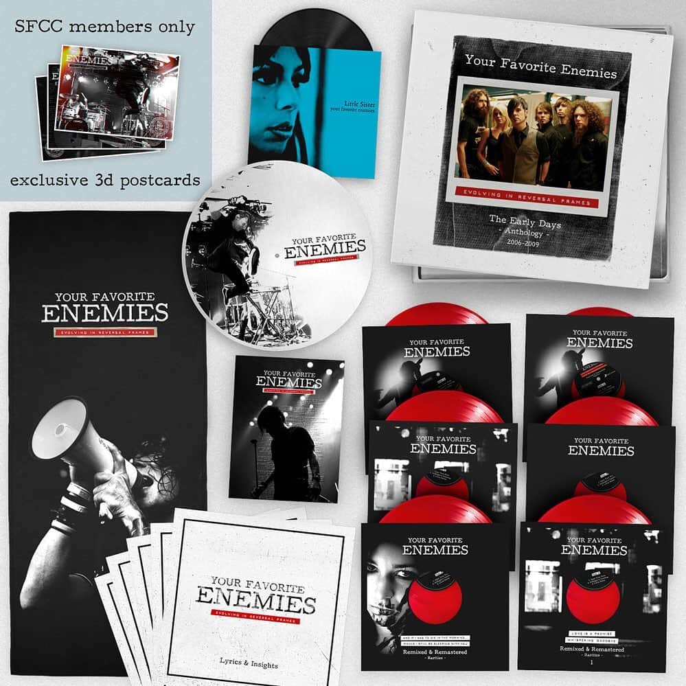 Your Favorite Enemiesのインスタグラム：「The Early Days boxset & book. What is it all about? - Limited edition, signed & numbered. - 4 full length album, one exclusive to the boxset, in silk-screen printed sleeves. - The single Little Sister, exclusive to the boxset, on a lathe-cut vinyl. - A 200-page book titled “The Evidence of Things Unseen”, containing commentary, reminiscence, flashbacks, musings & even more.  Only on the YFE Store: See link in bio.  #yourfavoriteenemies #yfeearlydays #earlydays #comingsoon #newalbum #anthology #openyoureyes #littlesister #throwback #remixed #remastered #rarities #demosessions」