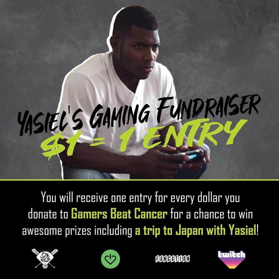 ヤシエル・プイグのインスタグラム：「This Saturday I’ll be @arcadeodyssey in Miami! You can tune into my livestream at 4pm EST as I partner with @gamechangerorg, @fancation @arcadeodyssey and @twitch to fundraise and help children beat cancer!  For every dollar donated you will receive an entry to win amazing prizes, including a trip to Japan with me to drive life-size Mario Karts down the streets of Tokyo! Start donating today at gamersbeatcancer.tv (Link In Bio) #livestream #videogames #gamer #twitch #fundraiser」