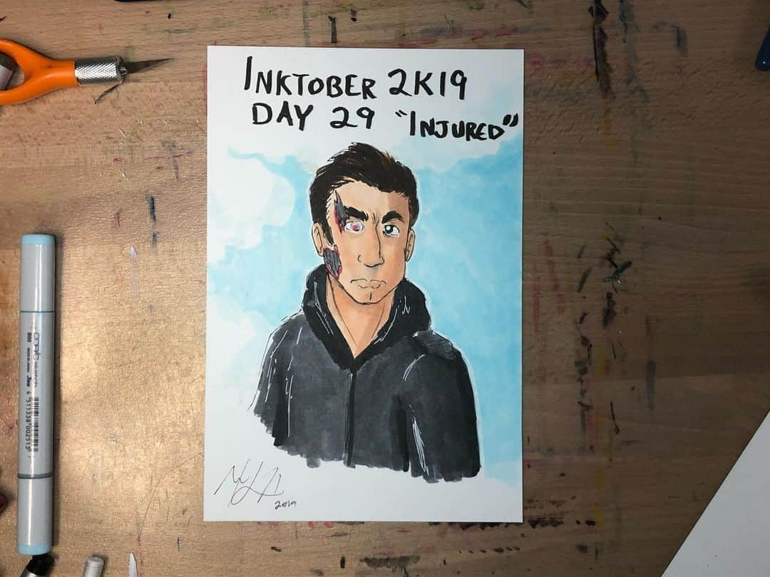 マックス・セットレージのインスタグラム：「‪#inktober2k19 day 29 “injured” featuring the Terminator, Arnold Schwarzenegger! Suggested by @nagybalu」