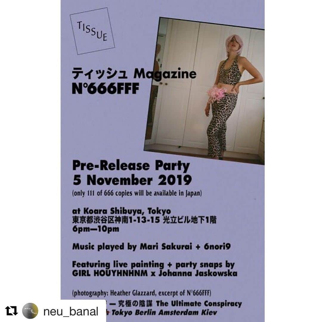 Sisterさんのインスタグラム写真 - (SisterInstagram)「🔮11/5(Tue)18:00- TISSUE Magazine №666FFF ﻿Tokyo Release Party🔮 . 今年3月8日 #国際女性デー にSisterと一緒に女性支援企画を行なったドイツ発のTissue MagazineからNo.6が発売となります。 雑誌に合わせて、ウェアやトートバッグも発売致します。 グッズプロデュースはSisterが担当させて頂きました。(雑誌とグッズの全国発売は11月9日(土)となっております。 Sister店舗/オンラインブティックでも販売致します。) 是非合わせてご覧ください。 . #Repost @neu_banal with @get_repost ・・・ TISSUE Magazine №666FFF ﻿ Tokyo Release Party ﻿ ﻿ 11月5日 Open 18:00 Close 22:00﻿ @ DJ BAR KOARA ﻿ @shibuyakoara  Address: 東京都渋谷区神南1-13-15﻿ エントランスフリー(1st drink ￥1,000)﻿ ﻿ DJ﻿ Mari Sakurai﻿ @marrsacrr  6nori9 ﻿ @6_nori_9 ﻿ Live paint by Uwe Bermeitinger @kiosk.international (TISSUE Magazine)﻿ ﻿ Party snap by GIRL HOUYHNHNM @girlhouyhnhnm x Johanna Jaskowska﻿ @johwska ﻿ 書籍及び限定マーチャンダイズを当日会場限定で先行販売致します。﻿ ﻿ TISSUE編集長共々、ハードなレイヴスタイルでお待ちいたしております。  Presented by @neu_banal ﻿ ※マガジン•グッズは11/9より、日本では全世界に先駆け全国一斉発売開始です。取り扱い店舗は追ってお知らせ致します📢 #sister_tokyo #tissuemagazine #neubanal ﻿」10月29日 15時27分 - sister_tokyo