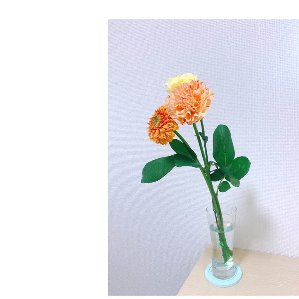 のインスタグラム：「. . 冷たい雨の降る一日でした☂️ 街にも風邪をひいている方が多かったです。 お身体お大事に。私も気をつけます！ 明日からは晴れるそうですが だいぶ乾燥してきたので そろそろインフルエンザの予防接種に行かないとと思いました。 . お花は昨日お花屋さんで購入した  #カーネーション #ガーベラ #バラ です♡ お花があると生き生きした感じに☺️🧡💛 . .  #もえみた花たち も見てみてね😉  #flowers #花 #carnation #gerbera #rose #orange #yellow」