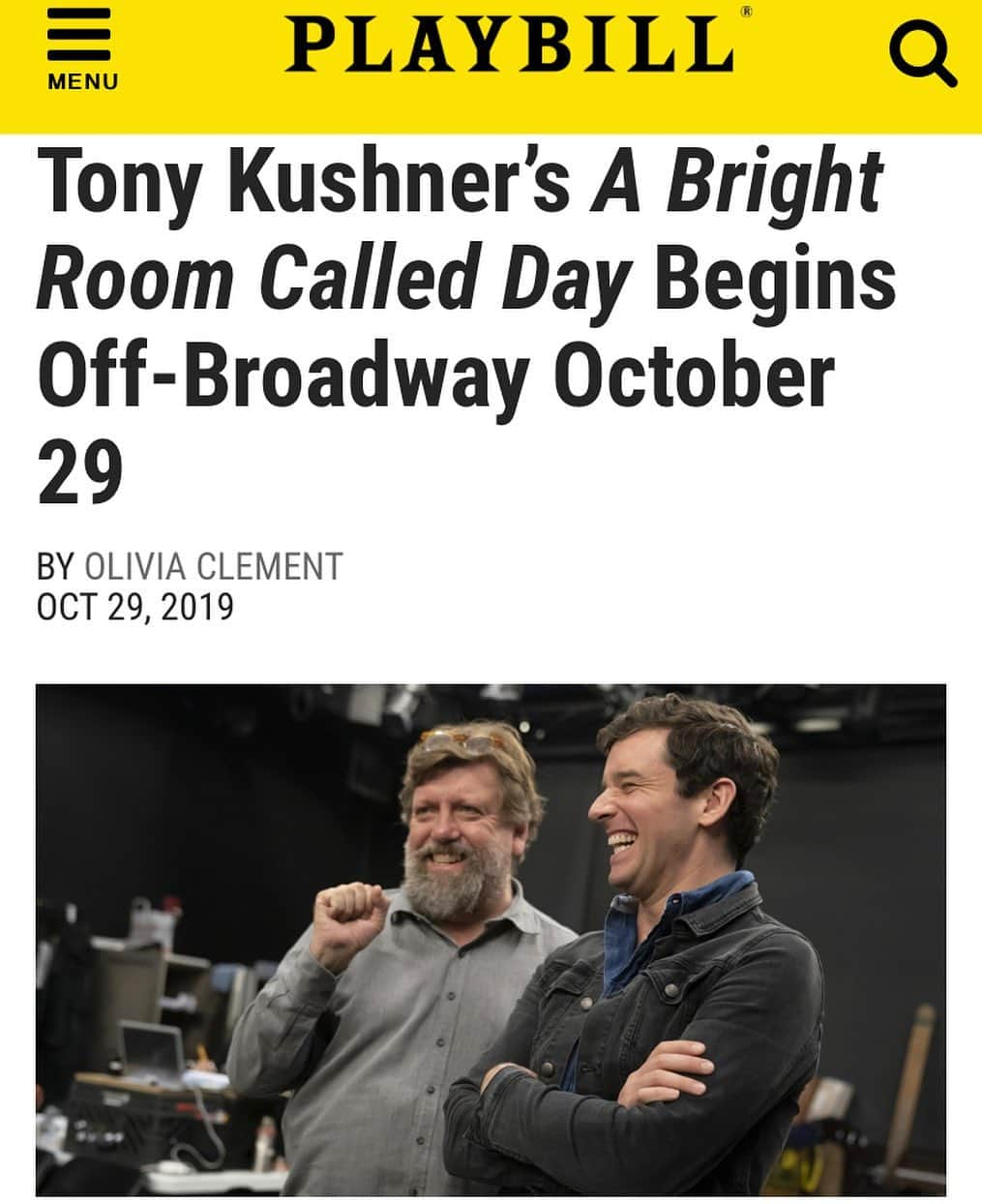 マイケル・ユーリーさんのインスタグラム写真 - (マイケル・ユーリーInstagram)「Tonight we begin previews for #TonyKushner’s first play, #ABrightRoomCalledDay at @publictheaterny directed by #OskarEustis (pictured w me) and while it is NOT a comedy, it has filled me with the kind of joy you see pictured; to be in the company of these geniuses on stage and off, presenting a play as important and timely as any I can think of... please come, please listen.」10月30日 1時28分 - michaelurielikesit