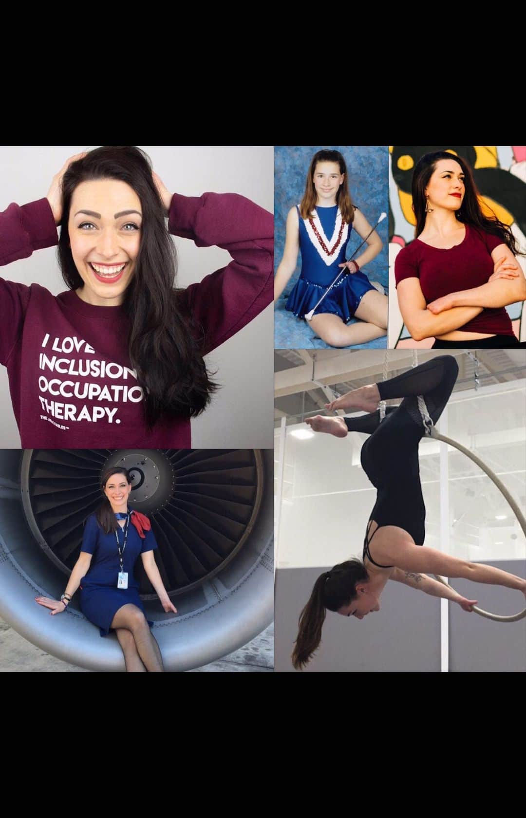 アメリカン航空のインスタグラム：「Flight Attendant Sarah Tuberty (@aerials.and.airplanes) shares her story on living with symbrachydactyly — a congenital limb difference. She describes her experience with surgery, talks about the sports she played, places she traveled and her aerial arts skills. Sarah challenges us to redefine our assumptions about disability.」