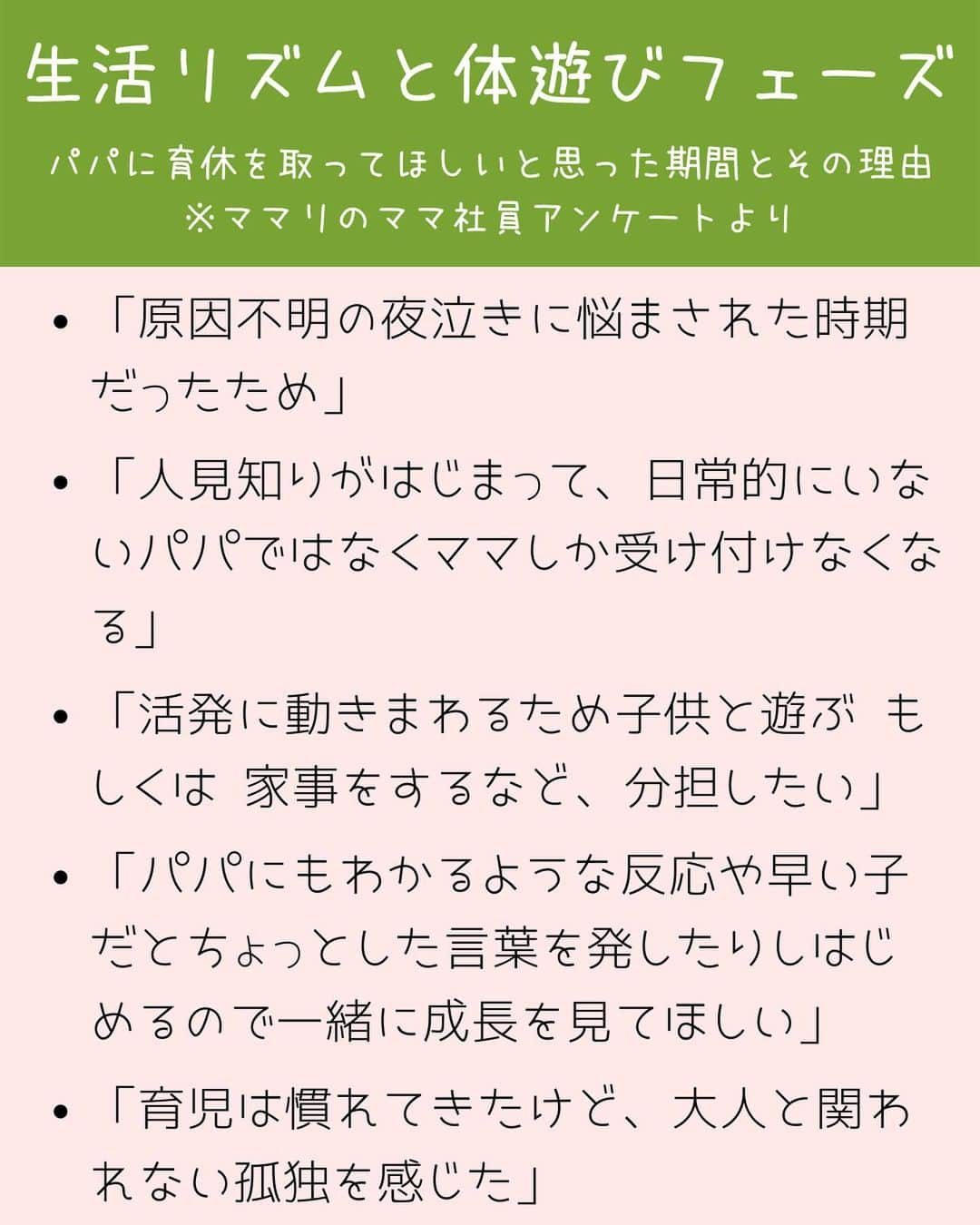 ママリさんのインスタグラム写真 - (ママリInstagram)「ママとパパで「育休」について考えてみませんか👪💕？　#ママリ⁠⠀ 育児早見表やママリのママ社員アンケートを抜粋してご紹介💁✨⁠是非、この投稿をみてママとパパで一度「育休中の役割分担」や「日常の育児」について話し合ってみませんか😍⁠？⁠⠀ ⁠⠀⁠⠀ ＝＝＝＝＝＝＝＝⁠⠀⁠⠀ ⁠⠀ 先日 #ママリ で開催したパパ向けイベント #パパ2.0 で使用したワークショップ資料の抜粋です✨⠀⁠⠀ 是非スライドしてみてください👉👉👉 ⁠ ⁠⠀⁠⠀ ⁠⠀ 最後のページに、パパが育休を取得してくれたら担当してもらいたいことに丸をつけるアンケート画像も入れているので、是非やってみてくださいね🙏⁠🙏⁠🙏❤⁠⠀ ⁠⠀ すべてのワークショップ資料のURLはこちら👇👇👇⁠⠀ https://www.slideshare.net/Connehito/20-187997395⁠⠀ ⁠⠀ ＝＝＝＝＝＝＝＝ ⁠⠀ . ⁠⠀⁠⠀ #ママリ を運営しているコネヒト社が開催している #パパ2.0 とは👪💕⁠⠀⁠⠀ ⁠⠀ #ママリ というサービスをはじめて5年。 ⁠⠀⁠⠀ #ママリ はこの5年で、2018年に出産をしたママの3人に1人が使ってくださるまでに成長をしました。⁠⠀⁠⠀ ですが、ママだけでは解決できない課題がたくさんあり、それらに向き合うママたちの不安や悩みが日々投稿されているということ。⁠⠀⁠⠀ 昨日投稿されたママの悩みは、今日も別のママが投稿しているという現実。⁠⠀⁠⠀ . ⁠⠀⁠⠀ そんな #ママリ を運営するコネヒト社だからこそ、#パパ に働きかけ、効果的に子育てに向き合えるようパパを促すことができるのではないか。そんな場を作りたいと思い、本イベントを企画しています。⁠⠀⁠⠀ ⁠⠀⁠⠀ * ⌒⌒⌒⌒⌒⌒⌒⌒⌒⌒⌒⌒⌒⌒⌒⌒*⁣⠀⠀⠀⁣⠀⠀⁠⠀⁠⠀ ⁣💫先輩ママに聞きたいことありませんか？💫⠀⠀⠀⠀⁣⠀⠀⁠⠀⁠⠀ ⠀⠀⠀⁣⠀⠀⁠⠀⁠⠀ 「悪阻っていつまでつづくの？」⠀⠀⠀⠀⠀⠀⠀⁣⠀⠀⁠⠀⁠⠀ 「妊娠から出産までにかかる費用は？」⠀⠀⠀⠀⠀⠀⠀⁣⠀⠀⁠⠀⁠⠀ 「陣痛・出産エピソードを教えてほしい！」⠀⠀⠀⠀⠀⠀⠀⁣⠀⠀⁠⠀⁠⠀ ⠀⠀⠀⠀⠀⠀⁣⠀⠀⁠⠀⁠⠀ あなたの回答が、誰かの支えになる。⠀⠀⠀⠀⠀⠀⠀⁣⠀⠀⁠⠀⁠⠀ ⠀⠀⠀⠀⠀⠀⁣⠀⠀⁠⠀⁠⠀ 女性限定匿名Q&Aアプリ「ママリ」は @mamari_official のURLからDL✨⁠⠀⁠⠀ ⁠⠀⁠⠀ ⁠* ⌒⌒⌒⌒⌒⌒⌒⌒⌒⌒⌒⌒⌒⌒⌒⌒*⁣⠀⠀⁠⠀⁠⠀ ⁠#妊娠#妊婦#臨月 #ぷんにー⁠ #妊娠初期 #妊娠中期 #妊娠後期⁠⠀⁠⠀ #出産#陣痛 ⁠#プレママライフ #プレママ #出産準備 ⁠⠀⁠⠀ #出産準備品 #赤ちゃん #赤ちゃんのいる生活⁠ #赤ちゃんのいる暮らし⁠⁠#0歳⁣ #新生児 #ママ#育休#育休中の過ごし方⁠⠀」10月30日 11時17分 - mamari_official