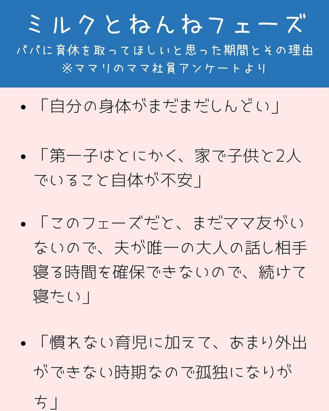 ママリさんのインスタグラム写真 - (ママリInstagram)「ママとパパで「育休」について考えてみませんか👪💕？　#ママリ⁠⠀ 育児早見表やママリのママ社員アンケートを抜粋してご紹介💁✨⁠是非、この投稿をみてママとパパで一度「育休中の役割分担」や「日常の育児」について話し合ってみませんか😍⁠？⁠⠀ ⁠⠀⁠⠀ ＝＝＝＝＝＝＝＝⁠⠀⁠⠀ ⁠⠀ 先日 #ママリ で開催したパパ向けイベント #パパ2.0 で使用したワークショップ資料の抜粋です✨⠀⁠⠀ 是非スライドしてみてください👉👉👉 ⁠ ⁠⠀⁠⠀ ⁠⠀ 最後のページに、パパが育休を取得してくれたら担当してもらいたいことに丸をつけるアンケート画像も入れているので、是非やってみてくださいね🙏⁠🙏⁠🙏❤⁠⠀ ⁠⠀ すべてのワークショップ資料のURLはこちら👇👇👇⁠⠀ https://www.slideshare.net/Connehito/20-187997395⁠⠀ ⁠⠀ ＝＝＝＝＝＝＝＝ ⁠⠀ . ⁠⠀⁠⠀ #ママリ を運営しているコネヒト社が開催している #パパ2.0 とは👪💕⁠⠀⁠⠀ ⁠⠀ #ママリ というサービスをはじめて5年。 ⁠⠀⁠⠀ #ママリ はこの5年で、2018年に出産をしたママの3人に1人が使ってくださるまでに成長をしました。⁠⠀⁠⠀ ですが、ママだけでは解決できない課題がたくさんあり、それらに向き合うママたちの不安や悩みが日々投稿されているということ。⁠⠀⁠⠀ 昨日投稿されたママの悩みは、今日も別のママが投稿しているという現実。⁠⠀⁠⠀ . ⁠⠀⁠⠀ そんな #ママリ を運営するコネヒト社だからこそ、#パパ に働きかけ、効果的に子育てに向き合えるようパパを促すことができるのではないか。そんな場を作りたいと思い、本イベントを企画しています。⁠⠀⁠⠀ ⁠⠀⁠⠀ * ⌒⌒⌒⌒⌒⌒⌒⌒⌒⌒⌒⌒⌒⌒⌒⌒*⁣⠀⠀⠀⁣⠀⠀⁠⠀⁠⠀ ⁣💫先輩ママに聞きたいことありませんか？💫⠀⠀⠀⠀⁣⠀⠀⁠⠀⁠⠀ ⠀⠀⠀⁣⠀⠀⁠⠀⁠⠀ 「悪阻っていつまでつづくの？」⠀⠀⠀⠀⠀⠀⠀⁣⠀⠀⁠⠀⁠⠀ 「妊娠から出産までにかかる費用は？」⠀⠀⠀⠀⠀⠀⠀⁣⠀⠀⁠⠀⁠⠀ 「陣痛・出産エピソードを教えてほしい！」⠀⠀⠀⠀⠀⠀⠀⁣⠀⠀⁠⠀⁠⠀ ⠀⠀⠀⠀⠀⠀⁣⠀⠀⁠⠀⁠⠀ あなたの回答が、誰かの支えになる。⠀⠀⠀⠀⠀⠀⠀⁣⠀⠀⁠⠀⁠⠀ ⠀⠀⠀⠀⠀⠀⁣⠀⠀⁠⠀⁠⠀ 女性限定匿名Q&Aアプリ「ママリ」は @mamari_official のURLからDL✨⁠⠀⁠⠀ ⁠⠀⁠⠀ ⁠* ⌒⌒⌒⌒⌒⌒⌒⌒⌒⌒⌒⌒⌒⌒⌒⌒*⁣⠀⠀⁠⠀⁠⠀ ⁠#妊娠#妊婦#臨月 #ぷんにー⁠ #妊娠初期 #妊娠中期 #妊娠後期⁠⠀⁠⠀ #出産#陣痛 ⁠#プレママライフ #プレママ #出産準備 ⁠⠀⁠⠀ #出産準備品 #赤ちゃん #赤ちゃんのいる生活⁠ #赤ちゃんのいる暮らし⁠⁠#0歳⁣ #新生児 #ママ#育休#育休中の過ごし方⁠⠀」10月30日 11時17分 - mamari_official