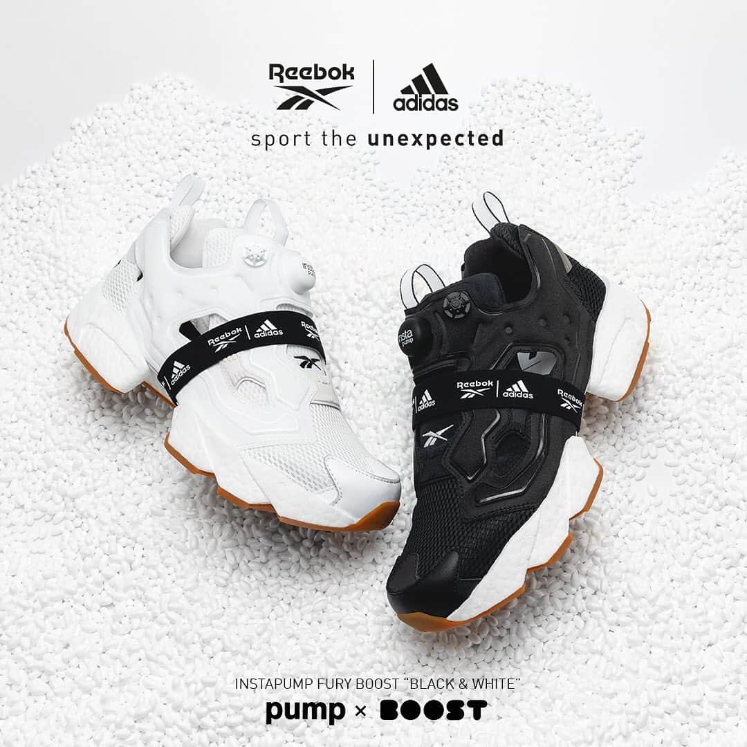 のインスタグラム：「. <coming soon...> #InstapumpFuryBOOST . adidasとReebokのテクノロジーが異例の融合。 Reebokのインスタポンプ カスタムフィット アッパーと、adidasのBOOST TMミッドソールクッショニングのエナジーが一体化。 シンプルでありながらも、モノクロのアッパーやメタリックな「グラフライト」と、ゴムのアウトソールを組み合わせることで、未来的な大胆さと有機的な温かさが感じられるモデル。」