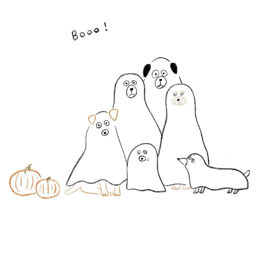 Apricots Artのインスタグラム：「Happy Halloween!👻 . 🐶We are only doing this for the treats🍭No tricks! . Illusted by Yuri #apricotsart#halloweendogs」