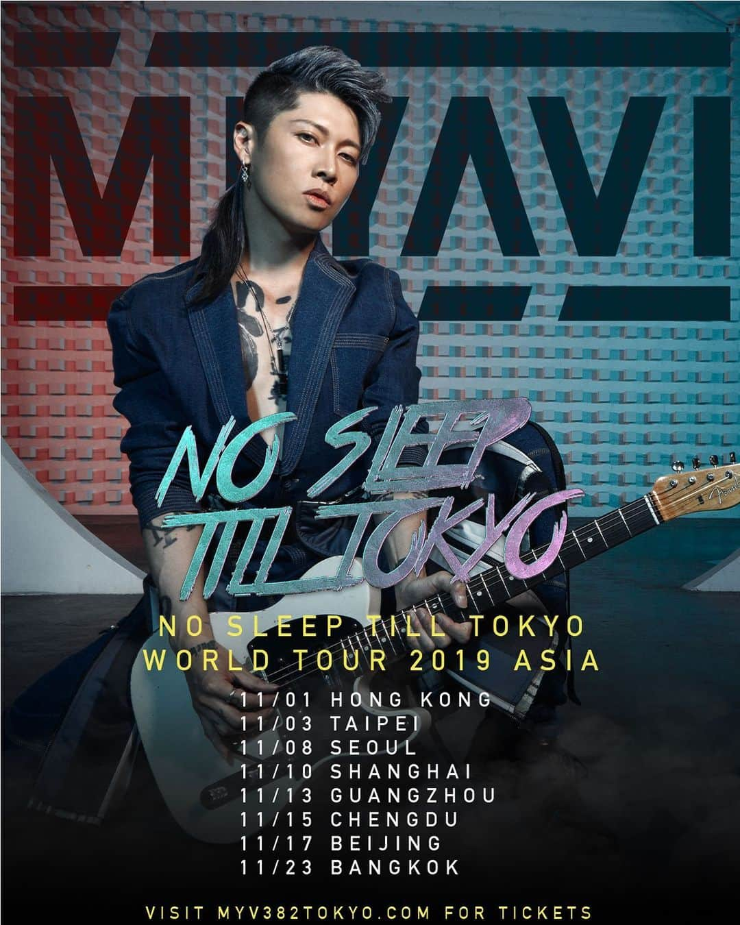 MIYAVI（石原貴雅）さんのインスタグラム写真 - (MIYAVI（石原貴雅）Instagram)「北米、ヨーロッパ編を経て 、MIYAVI “NO SLEEP TILL TOKYO” World Tour 2019 ASIA 明日より開始🔥 ． NO SLEEP TILL TOKYO ASIA LEG Starts tomorrow!! Get your tickets and come rock with us💥 ． 【リリース情報】 MIYAVI NEW ALBUM 💿 NO SLEEP TILL TOKYO 7.24 Release⬇️⬇️ https://umj.lnk.to/miyavi_nsttPR ． 【ライブ情報】 「MIYAVI “NO SLEEP TILL TOKYO” World Tour 2019 ASIA」 11/1 Hong Kong | Music Zone@E-Max 11/3 Taipei | CLAPPER STUDIO 11/8 Seoul | WEST BRIDGE with KT 5G 11/10 Shanghai | VAS LIVE 11/13 Guangzhou | MAO Livehouse 11/15 Chengdu | Aflame Art Center Hall 1 11/17 Beijing | TANGO 11/23 Bangkok | Central Plaza Chaengwattana Hall ． 「MIYAVI “NO SLEEP TILL TOKYO” World Tour 2019 JAPAN」 12/5 Sapporo | Zepp Sapporo 12/9 Sendai | Rensa 12/10 Nagoya | Zepp Nagoya 12/12 Fukuoka | Zepp Fukuoka 12/18 Tokyo | Zepp DiverCity TOKYO 12/21 Osaka | Zepp Osaka Bayside ． MIYAVI ファンクラブ ”MYV CREW” 2019年度会員受付中！！ MIYAVI Fan Club“ MYV CREW” 2019 Membership Admission and Renewal Information  ご入会方法は⬇️ http://myv382tokyo.com/myvcrew/about.html ． ． #MIYAVI #NoSleepTillTokyo #NSTT #UnderTheSameSky #DAOKO #千客万来 #SenkyakuBanrai #Diner #ninagawamika #蜷川実花 #MYVCREW #NorthAmerica #USA #CANADA #MEXICO #EUROPE #ASIA #JAPAN #live ．」10月31日 12時32分 - miyavi_staff