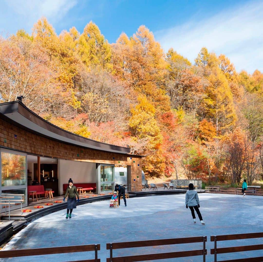 星野リゾートさんのインスタグラム写真 - (星野リゾートInstagram)「【紅葉の「ケラ池スケートリンク」オープン！】﻿ ﻿ Enjoy the beauty of fall foliage on skates at Hoshino Area's newly opened skate rink.﻿ ﻿ 軽井沢は標高1000メートルの高原に位置し、10月中旬から紅葉が始まります。真っ赤な蔦や、モミジに続き、11月になるとカラマツの黄葉が見ごろを迎えます。﻿ ﻿ 「ケラ池スケートリンク」では青空の下で、紅葉や黄葉を眺めながらスケートを楽しむことができます。黄葉は11月10日頃まで楽しめます。﻿ ﻿ 隣接するカフェでは、紅葉や毒キノコの真っ赤なイラストが描かれた秋限定のカフェラテが登場。毒キノコは猛毒で有名なベニテングタケをデザインしています。紅葉のリンクを背景に、秋を感じるカフェラテをリンクサイドでお楽しみいただけます。﻿ ﻿ また小さなお子様でも安心して滑ることのできる、二枚刃スケート靴を貸し出しております。対応サイズは15cm 、 16cmの２サイズ。これまでは見学だけしかできなかった小さなお子様も一緒に、ご家族揃ってスケートを楽しむことができます。﻿ ﻿ #HoshinoResorts #星野リゾート #KeraikeIceRink #ケラ池スケートリンク #Nagano #Karuizawa #長野県 #軽井沢 #スケートリンク #軽井沢旅行 #KaruizawaTrip #travelJapan #ig_Japan #MyTinyAtlas #JapanTravel」11月1日 15時02分 - hoshinoresorts.official