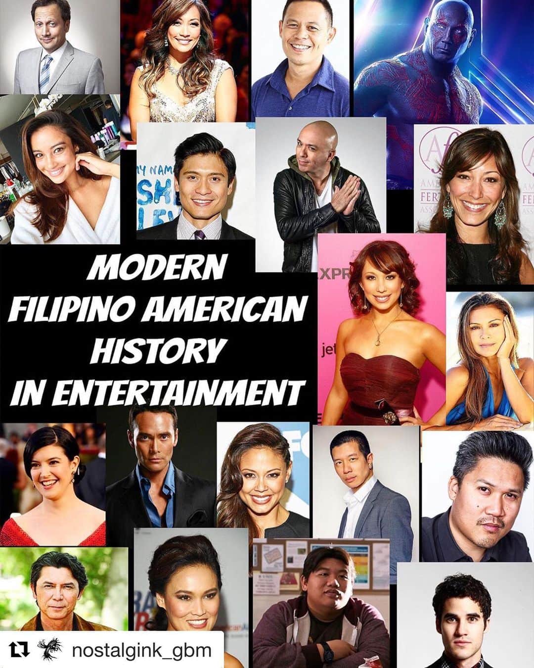 レジー・リーのインスタグラム：「And Happy last day of Filipino American History Month.  Thank you @nostalgink_gbm for this post! 🇸🇽. #Repost @nostalgink_gbm with @get_repost ・・・ In the spirit of celebrating Filipino American History month, not only should we honor those who STARTED our history, but also those who CONTINUE making history. Today we honor those Filipino Americans in the Entertainment industry, FULL and PART Pinoy or Pinay. ————————————————————— @iamrobschneider @carrieanninaba  @erniereyesjr @davebautista @kelseymerritt @pmontyboy @jokoy @thechristinachang_ @cherylburke phoebe cates @niapeeples @dacascosmark @vanessalachey @mrreggielee @dantebasco @loudphillips @tiacarrere @lifeisaloha @darrencriss  JUST TO NAME A FEW AND MAY HAVE LEFT OUT A FEW OTHERS. Comment who else you can think of. ————————————————————— From us at Nostalgink,Thank you for your contributions to current Filipino American History in Film and Television ————————————————————— https://www.redbubble.com/people/nostalgink/shop ————————————————————— #filipinoamericanhistorymonth #nostalgink_gbm #filipinoamerican #filam #pinoypride #family #retro #newjersey #nj #newyork #nyc #newyorkcity #pinay #pinoy #filipina #filipino #art #everydaywear #streetwear #redbubble #clothingbrand #ootd」