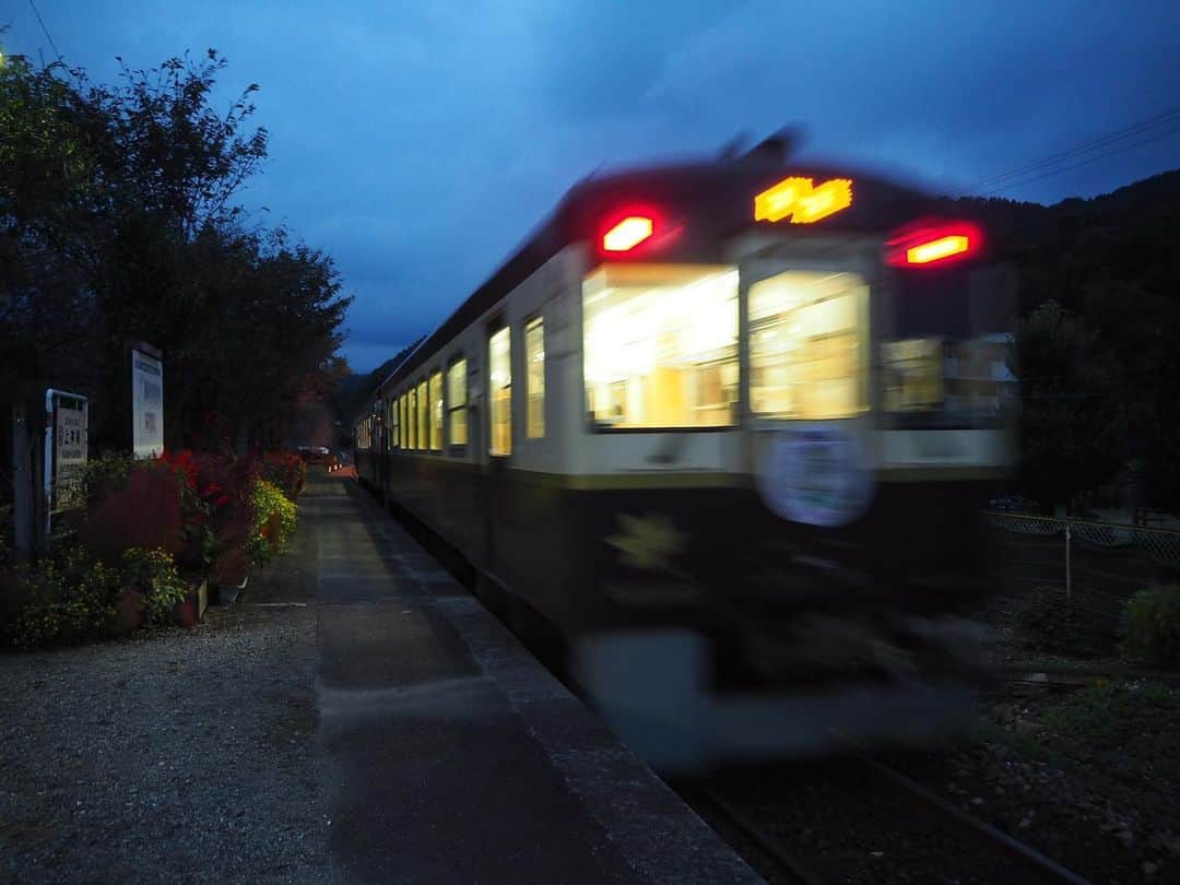 伊藤桃さんのインスタグラム写真 - (伊藤桃Instagram)「わたらせ渓谷鐵道の旅もいよいよおわり。 あ！間藤駅での廃線跡レポがアップされました！😊 http://www.kita-colle.com/m/content/26842/ 無料でみられるよ♡ あわせてチェックお願いします！！ 🚉 上神梅駅では１時間23分の待ち時間があったので、せっかくなのでお散歩へ。 ごうごうとながれる渡良瀬川をわたった先には貴船神社があります。 もう時刻はすっかり夕暮れ時。暗くなっていく世界の中、てくてく見知らぬ世界をあるいていました。 貴船神社では龍神様を祀っているそう。 おみくじが面白くて、真っ白な紙なのですがそばにある龍神様を象った水がでているところにひたすと、おみくじがうかびあがってくるのです。 保ボーッとなりました😊 🚉 駅に戻ってきたらすでにもう真っ暗。 ただ、鈴虫の声が鳴り響くなか列車をまつ‥本当に幸せで大好きな時間。 動画でとってきたから、どうぞかんじてみてください。 🚉 途中、桃ちゃん列車もやってきましたよー！ 夜の#桃ちゃん列車 をみたかたはなかなかいないのではないでしょうか。笑笑 🚉 列車にのりこみ、再び相老駅へ。 停車位置にもわっしーがいるのがかわいい‥ #特急りょうもう にのって再び都会へと帰るのでした。 1日とっても楽しかったな♡ お付き合いいただきありがとうございました！ 間藤駅のオフショットも後日のせやす😊 #ローカル線の駅 #木造駅舎 #昭和レトロ  #わたらせ渓谷鐵道」11月1日 11時07分 - itomomo_tetsu