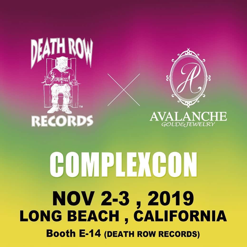 のインスタグラム：「AVALANCHE＋DEATH ROW RECORDSプロジェクト始動！﻿ ﻿ 第一弾として、11月2日・3日にカルフォルニア・ロングビーチにて開催される世界最大のストリートファッションの祭典「ComplexCon」でComplexCon限定アイテムを販売します ﻿ ﻿ New project, “@avalanche_goldandjewelry + DEATH ROW RECORDS” will be started.﻿ ﻿ As the first, limited items of @complexcon which is biggest street fashion festival held in Long Beach, California between 11/2 and 11/3 will be available to purchase. ﻿ ﻿ ﻿ #ComplexCon 2019 on NOV 2-3.﻿ Long Beach, CA. ﻿ Booth：E-14（Inside DEATH ROW RECORDS）﻿ ﻿ #avalanche #complexcon」
