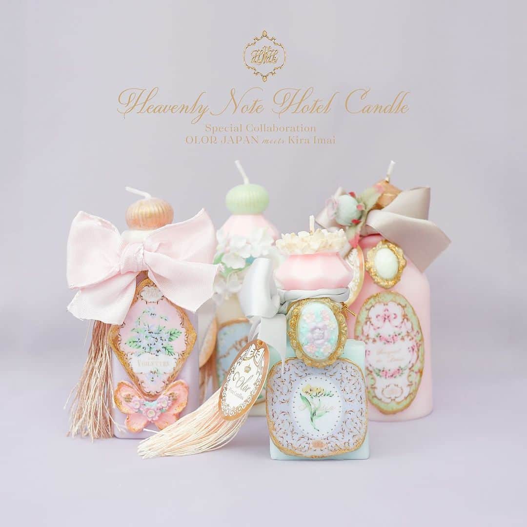 今井キラのインスタグラム：「𝒩ℯ𝓌﻿ Special Collaboration﻿ OLOR JAPAN meets Kira Imai﻿ ﻿ 「Heavenly Note Hotel Candle」﻿ ﻿ 個展「Note」のためにOLOR JAPANさんに特別なキャンドルを制作して頂きました。﻿ Heavenly Note Hotelの客室に置いてある香水瓶をイメージしたキャンドルは全部で4種類。﻿ ﻿ 今井キラ個展「Note」﻿ 2019年11月8日－12月1日﻿ 浅草橋 パラボリカ・ビス﻿ ＊火水休館﻿ ﻿ 💐﻿ ﻿ 💐﻿ ﻿ 💐﻿ ﻿ #kiraimai #香水 #perfume #lolitafashion #キャンドル #Candles」