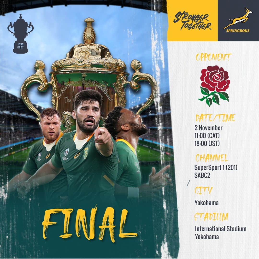 ラグビー南アフリカ代表さんのインスタグラム写真 - (ラグビー南アフリカ代表Instagram)「It's almost RWC final time - Score Predictions? 🇿🇦🏴󠁧󠁢󠁥󠁮󠁧󠁿 #StrongerTogether」11月1日 18時30分 - bokrugby