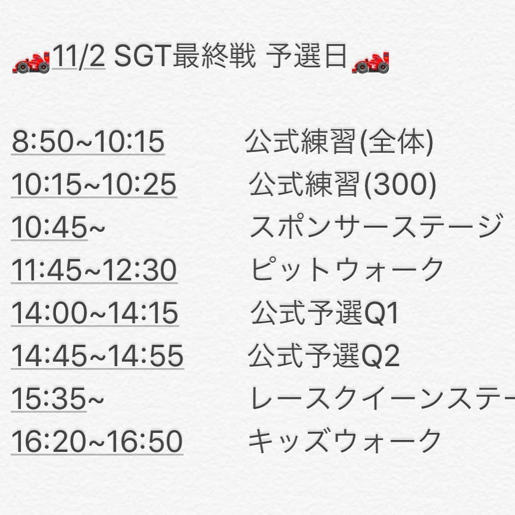 有栖未桜さんのインスタグラム写真 - (有栖未桜Instagram)「.*。✩.*。✩.*。✩ 今日からSGT 最終戦 よろしくお願いします🐱❤️ 今日からあんちぃ復帰です🥰 最後だからピットウォークとかグリッドウォークで 私達の写真たくさん撮ってほしい！😖✨ . 87号車は現在シリーズランキング8位！！🏎✨ 上位に行けるように 一緒に応援よろしくお願いします☺ 本日のスケジュール載せてます🍀 スワイプしてね⏩ . . #ツインリンクもてぎ #supergt300 #87号車 #tdashjlocエンジェル #jloc #ランボルギーニ #pacificracing #パシフィックレーシング #pacificracing  #自撮り女子 #selfie #iphone越しの私の世界 #カメラ越しの私の世界 #instalove #instapic #instagirl  #ショートヘア女子 #ショートカッ党 #猫顔女子 #レースクイーン #rq #グラビア #グラビアアイドル #ポートレート #ポートレートしま専科 #ポートレートモデル #写真好きな人と繋がりたい #カメラ好きな人と繋がりたい #有栖未桜 ( #followｍe )←」11月2日 8時45分 - miiion_official