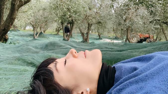 早坂香須子さんのインスタグラム写真 - (早坂香須子Instagram)「bioのオリーブ畑はいるだけで気持ちいい。  手でオリーブの実を掻くようにして下のネットに落とす。  ふくふくとしたオリーブが手に触れる感覚も気持ち良くて、鳥の声にも誘われ、たまらず寝転がった。  ユリーカの猫耳はハロウィンの名残りw  #RESANTIQVA #レザンティカ #bio #organic #オーガニック #oliveoil  #italy  #farm」11月2日 17時46分 - kazukovalentine