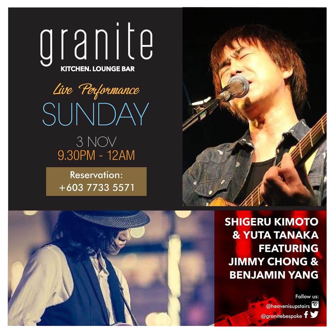 Shigeru Kimotoのインスタグラム：「My last gig in my first Malaysia.  Enjoy the final gig with us.  NOV 3rd Sun, 21:30 Granite kitchen and bar @heavenisupstairs : Vocal/Guitar Shigeru Kimoto @evergreen63  Bass Benjamin Yang @benon9  Drums Jimmy Zhai @jimmy.zhai5  Finger style guitarist Yuta Tanaka @yutatanakamusic : Special thanks for organizing by Sara @sara_heng」