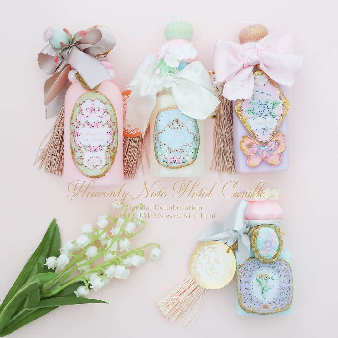 今井キラのインスタグラム：「𝒩ℯ𝓌﻿ Special Collaboration﻿ OLOR JAPAN meets Kira Imai﻿ ﻿ 「Heavenly Note Hotel Candle」﻿ ﻿ 個展「Note」のためにOLOR JAPANさんに特別なキャンドルを制作して頂きました。﻿ Heavenly Note Hotelの客室に置いてある香水瓶をイメージしたキャンドルは全部で4種類。﻿ ﻿ 今井キラ個展「Note」﻿ 2019年11月8日－12月1日﻿ 浅草橋 パラボリカ・ビス﻿ ＊火水休館﻿ ﻿ 💐﻿ ﻿ 💐﻿ ﻿ 💐﻿ ﻿ #kiraimai #香水 #perfume #lolitafashion #キャンドル #candles #olorjapan」