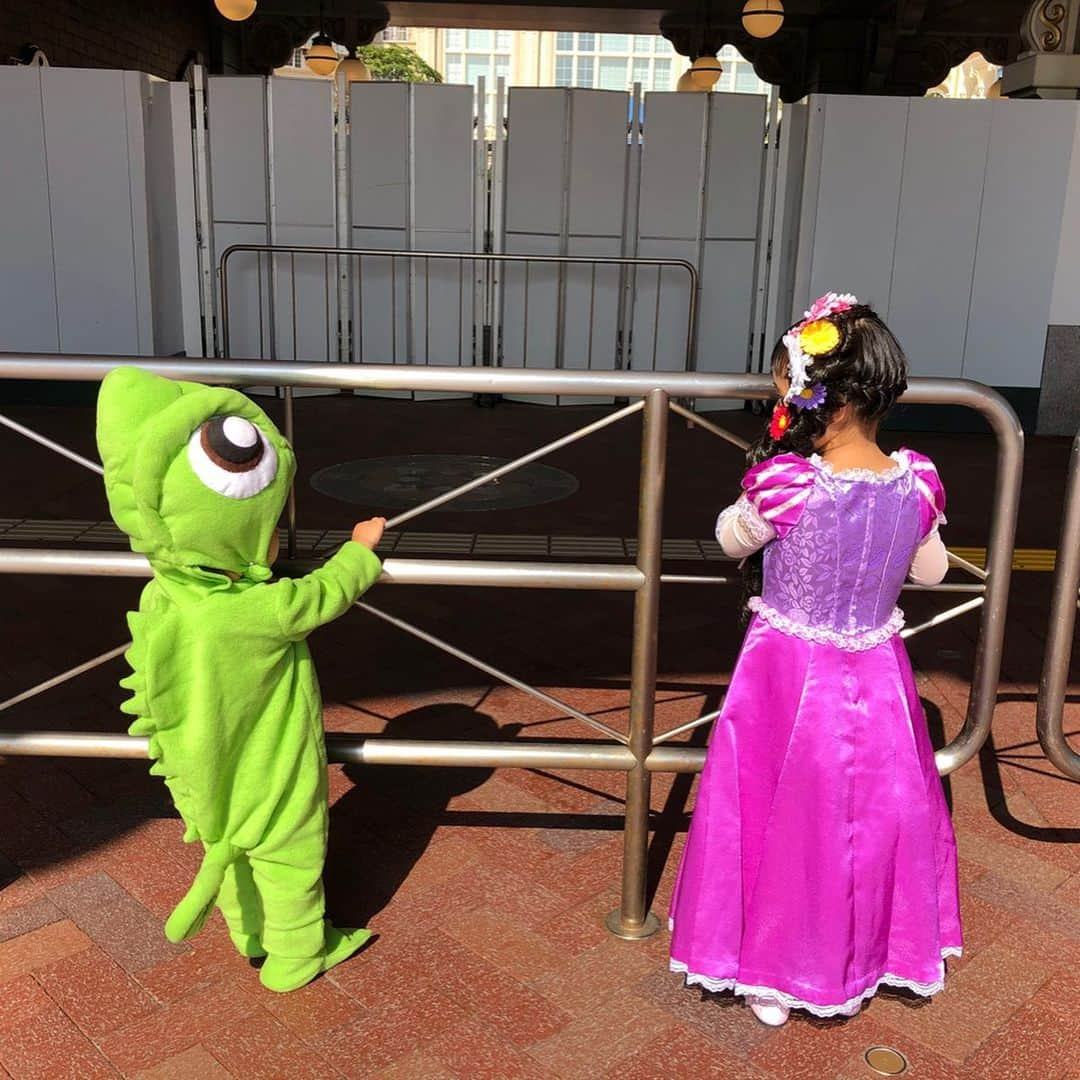 Chieのインスタグラム：「Pascal × Rapunzel 🌸  ディズニーのキロク🐭🏰 はなは憧れのラプンツェルに変身できてとっても嬉しそうでした❤  ももパスカルはこの日は暑かったので、エントランス前で記念写真だけ撮ってお着替えしました📸  お誕生日ディズニー 少し続きます🎂  #はなももコスチューム」