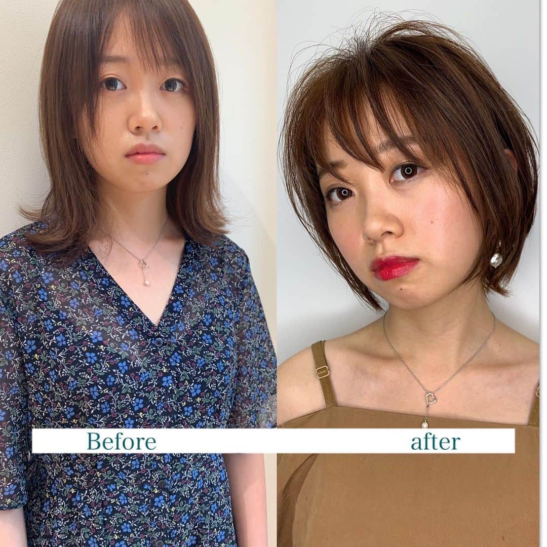 鮫島邦明のインスタグラム：「⭐︎NIAWASEイメージチェンジ⭐︎ ①顔学の印象 やや幼い印象、輪郭ややベース型、目印象がクール  なりたい女性像 大人な感じに ②前髪 ビフォーよりも束感を強くして隙間も作ることでハード大人な印象に  ③フォルム 前下がりのラインをつけて ナチュラルクールに  ④カラー 7レベルアッシュブラウン ラインを強く出せるように暗くする事で束を強調させました  メイクリップに色味を持たせて 大人度アップ⤴️ avanceでは お客様の顔学を診断しなりたいイメージがあればそれをよりお客様にフィットさせ なりたいイメージが無ければ、ファッションや内面などを読み取り新たなスタイルを提案して新しいをご提案するNIAWASEカットであなただけのスタイルをお作りします^_^  気になる方は是非一度ご来店下さい。プロフィール欄のURLからご予約頂けます  #NIAWASE#美髪#ハイライト #アッシュカラー #梅田美容室 #梅田美容院 #ヘア#梅田ヘアスタイル #髪型 #ヘアセット #ヘアメイク #キラ水 #グラデーション #ホリスティックカラー #ヘアアレンジ #アレンジ #就活 #美容学生 #美容専門学校#gu #snidel #梅田美容師 #モデル #サロンモデル #サロモ #ヘアカタ #ショートヘア --------------------------------------. 梅田と東京出店を計画中 スタッフ募集中メッセージくださいね★ AVANCE.CROSStuin梅田茶屋町 TEL06-6377-7211 AVANCE.CROSSmel c西梅田 TEL06-6348-2050 gif.hair TEL06-6377-7277 AVANCE.京橋 TEL06-6356-1555」