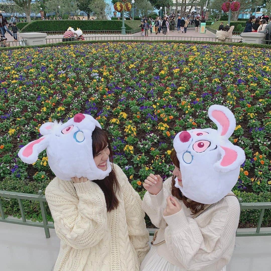 河村友歌のインスタグラム：「シンデレラ城の前の花壇って意外と映えるんだわ〜🐰！ #ディズニーランド#東京ディズニーランド#時計うさぎ #TDL #ディズニー」