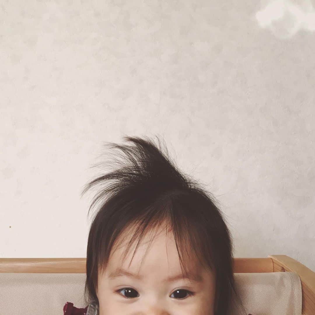 小川あゆ美のインスタグラム：「本日の寝ぐせ。 産まれた時からフサフサの髪はどんどん伸びて。伸びたら重さで下に降りるかと思いきやいつまでもトサカ頭🐥  #赤ちゃん #6ヶ月 #女の子 #女の子ベビー #こどものいる暮らし #本日の寝ぐせ」