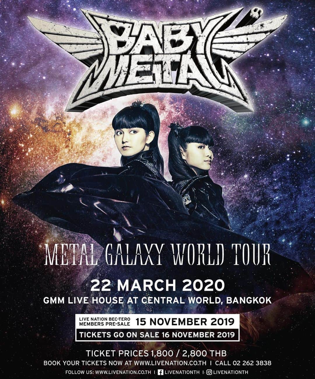 BABYMETALさんのインスタグラム写真 - (BABYMETALInstagram)「METAL GALAXY WORLD TOUR IN ASIA Mar 22nd : GMM LIVE HOUSE, Bangkok  Nov 15th 10 am - 10 pm : Live Nation Pre-Sale Nov 16th 10 am : General on sale  #BABYMETAL #METALGALAXY #BANGKOK」11月4日 16時00分 - babymetal_official