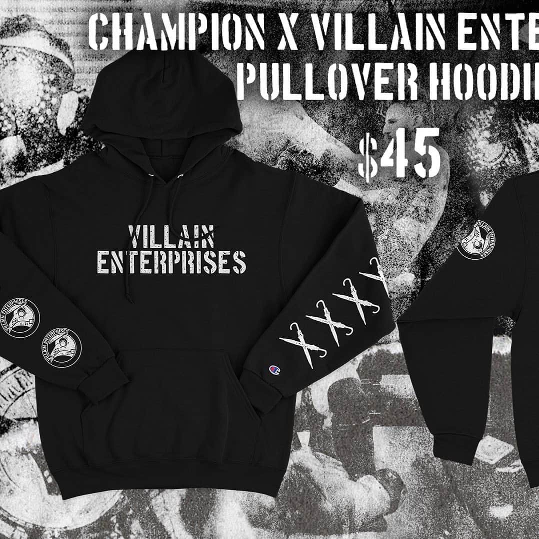 マーティ・スカルのインスタグラム：「Today at 8pm est VEapparel.store  VE pullover champion hoodie, knit scarf and pom beanie.  The quality of these items is second to none. Super proud of these. There’s limited numbers and once they’re sold out they’ll be gone forever. Don’t miss the chance to own the first ever items from VE Apparel. Set your alarms for 8pm because these will sell out.  @lapelyeah  #villain ☔️」