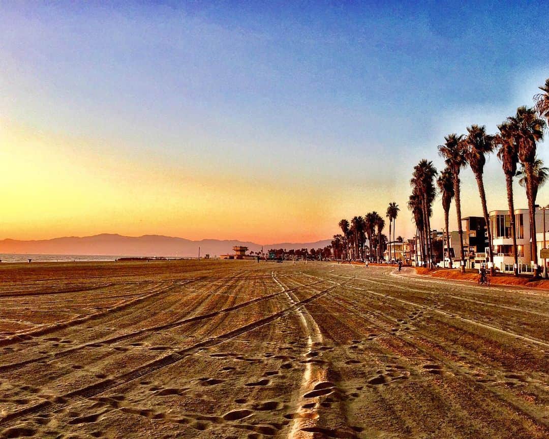 シャーニ・ヴィンソンのインスタグラム：「🌅 #sunset #venicebeach #sand #palmtrees #sky #nature #beach #mountains #ocean #california」