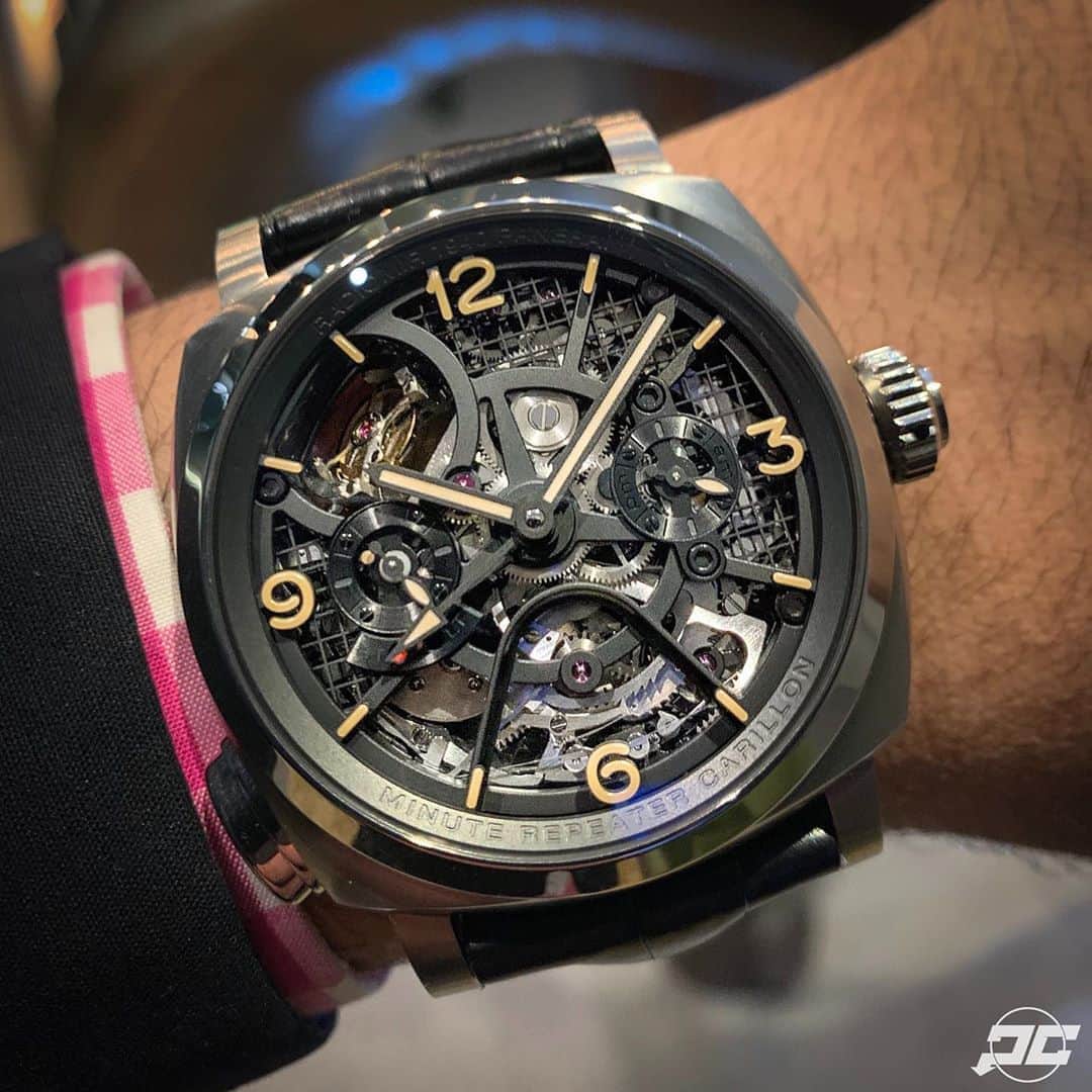 パネライのインスタグラム：「You know....Just enjoying rocking the #Panerai #PAM600 Carillon 1940 Radiomir Minute Repeater Skelton Tourbillon in Titanium. . .  Panerai, being a brand that has always blazed their own path, managed to drum to their own beat with the way the minute repeater chimes. As with traditional pieces, the first gong is the lowest and identifies the hour, while the last and highest pitch identifies the individual minutes. The middle gong is where the Panerai PAM600 changes things in a way that only Panerai can. The middle gong sounds triple chimes of an intermediate note; each triple chime corresponds to ten minute intervals instead of the traditional fifteen.」