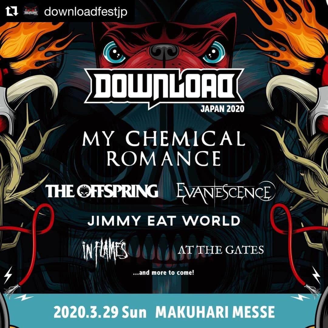のインスタグラム：「🤩🤩🤩 #Repost @downloadfestjp with @get_repost ・・・ #DLJ2020 のヘッドライナーに先日6年ぶりの復活を発表したマイ・ケミカル・ロマンスが決定🔥🤘🏻🔥�さらに1stラインナップとしてオフスプリング、エヴァネッセンス、ジミー・イート・ワールド、イン・フレイムス、アット・ザ・ゲイツが決定!  チケット最速先行は明日11/7（木）15時から！今すぐメルマガ登録をしていち早くチケットをゲットしよう！ 詳細はbioからチェック🐶🔥 . #mychemicalromance #theoffspring #evanascence #jimmyeatworld #inflames #atthegates」