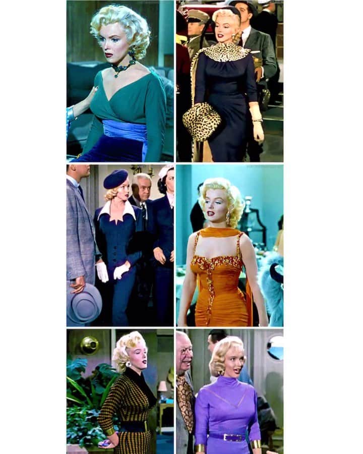 マリリン・モンローのインスタグラム：「Some of Marilyn’s outfits in “Gentlemen Prefer Blondes.” Which ones your favorite outfit? (Of course not counting the iconic pink dress) Mine is the orange and purple!」