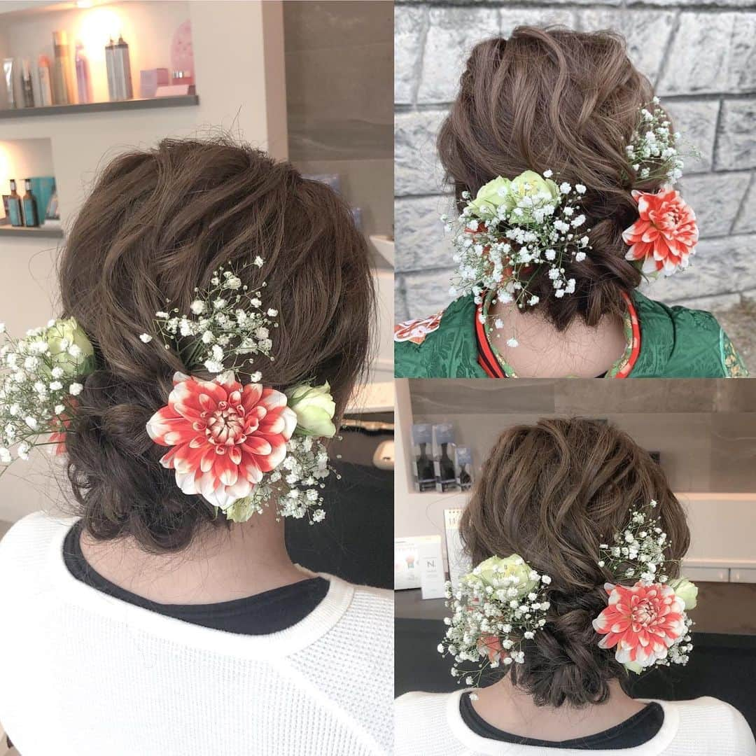 ハナフサユウスケさんのインスタグラム写真 - (ハナフサユウスケInstagram)「着物arrange♪ ＊ ＊ 生花良いよねー ＊ ＊ #hair#hairarrange#hairstyle#ヘアアレンジ#ヘアセット#結婚式ヘア#プレ花嫁#赤穂#岡山#姫路#美容室#美容師#簡単アレンジ#アレンジ動画#ヘアアレンジ動画#ヘアアレンジ解説#アレンジ解説#ハーフアップ#updo#サロンモデル#サロモ#撮影#七五三ヘア#振袖#着物ヘア#成人式ヘア#振り袖」11月6日 16時50分 - yusuke8723