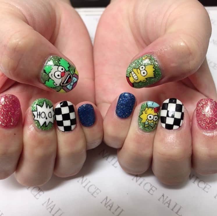 小嶋晶子のインスタグラム：「(◎´艸`{ New nail💅I really like this!! #nail #nails #newnail #newnails #simpsons #simpsonsnail #bart #marge #krustytheklown #シンプソンズ #シンプソンズネイル #バート #マギー #クラスティ・ザ・クラウン #キャラクターネイル #手描きネイル #💅」