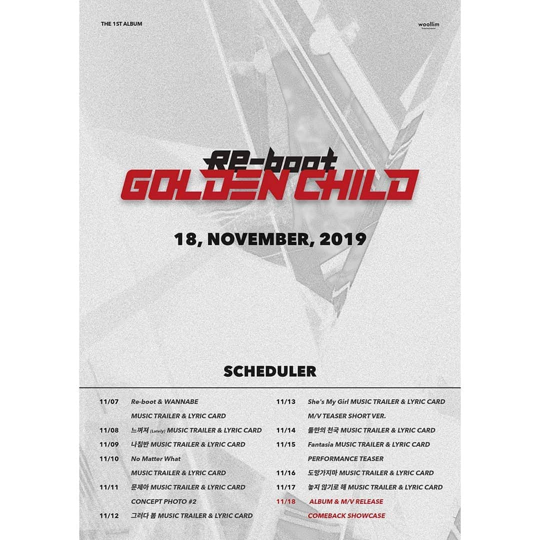 Golden Childさんのインスタグラム写真 - (Golden ChildInstagram)「[#Golden_Child][📸] #골든차일드 - 1st Album #Re_boot SCHEDULER 2019.11.18 6PM RELEASE - #골든차일드 #Golden_Child #1st_Album #Re_boot #20191118 #WANNABE #워너비 #대열 #DAEYEOL #Y #와이 #JANGJUN #장준 #TAG #태그 #SEUNGMIN #승민 #JAEHYUN #재현 #JIBEOM #지범 #DONGHYUN #동현 #JOOCHAN #주찬 #BOMIN #보민」11月6日 20時28分 - official_gncd11