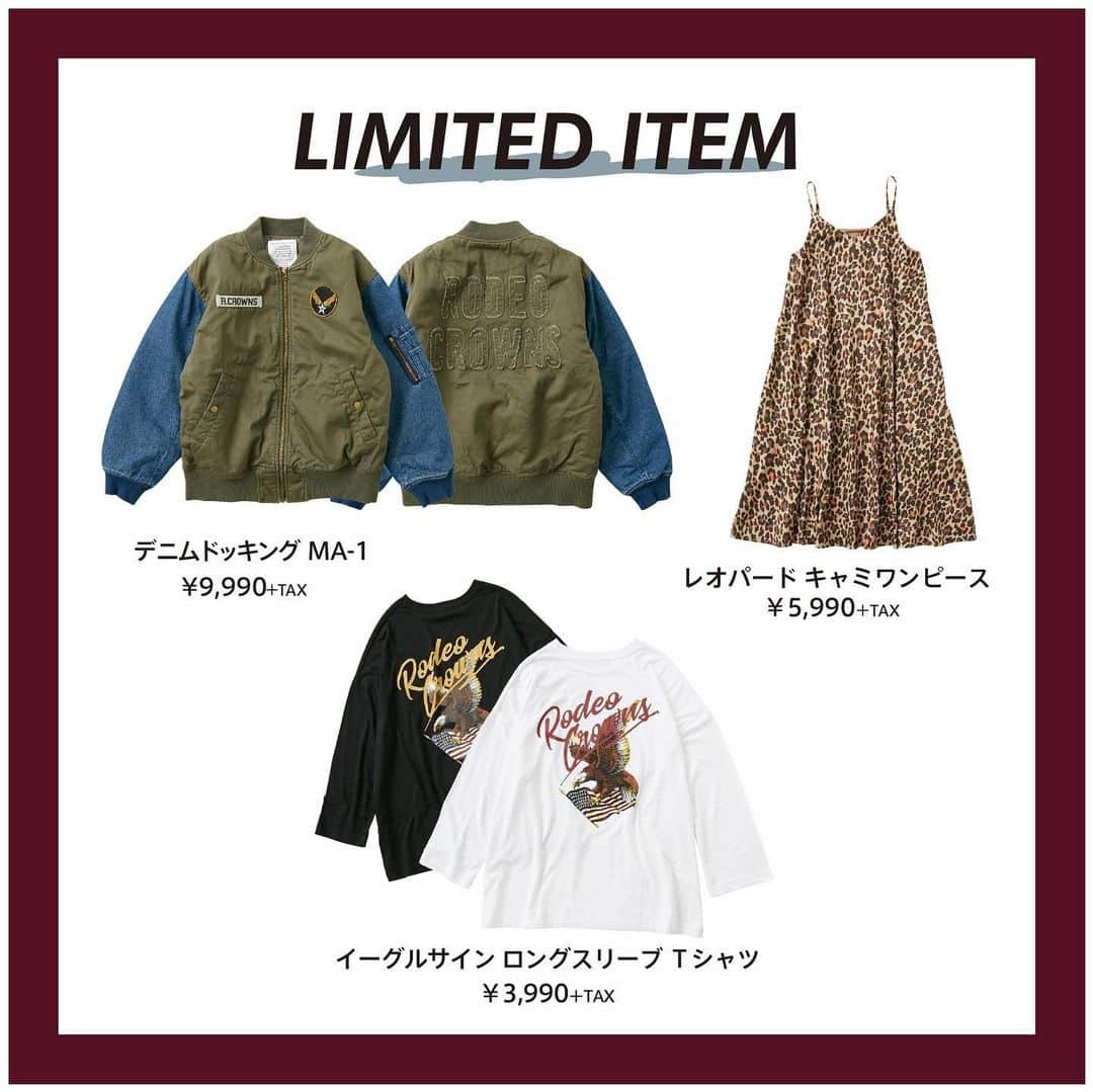 のインスタグラム：「#RCWB #RODEOCROWNS 2019.11.9(SAT)  SHIBUYA109 RENEWAL OPEN!!! ━━━━━━━━━━━━━━━━━━ ★LIMITED ITEM★ デニムドッキングMA-1　¥9,990 +tax レオパードキャミワンピース　¥5,990 +tax イーグルサインロングスリーブＴシャツ	¥3,990 +tax . ★NOVELTY★ MINIフラップポシェット【¥20,000(税込)以上お買い上げでプレゼント！】 ACCESSORY SET　【¥10,000(税込)以上お買い上げでプレゼント！】 他店完売商品など、多数商品取り揃えてお待ちしております！ 生まれ変わるSHIBUYA 109店に乞うご期待★ ━━━━━━━━━━━━━━━━━ #RODEOCROWNS #RCWB #RODEOCROWNSWIDEBOWL」