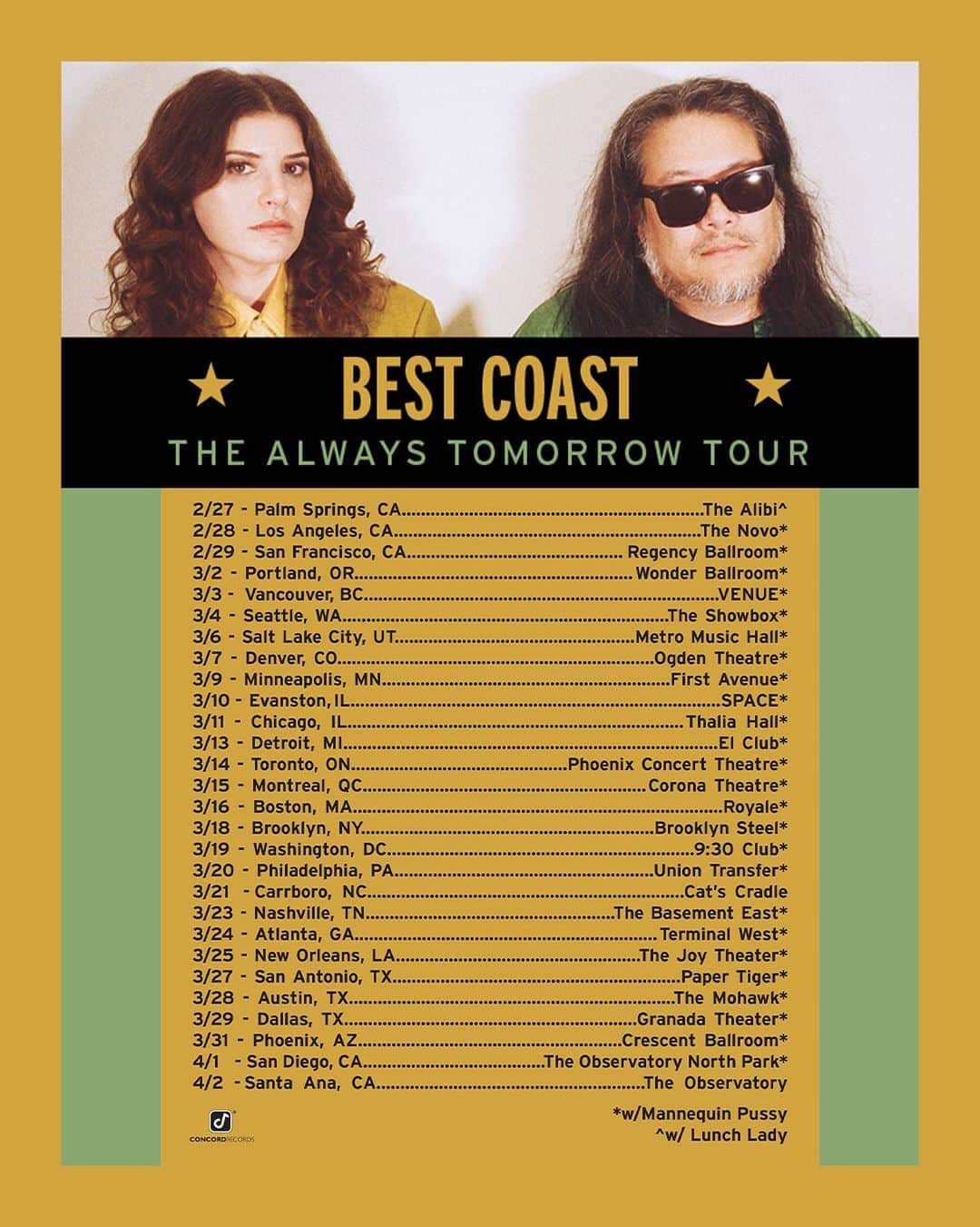 ベスト・コーストのインスタグラム：「Presale begins today at 10am local for our North American headlining tour! Sign up for the show you are interested in on bestcoast.net by 9:30am local for the code. $1 from every presale ticket sold for all dates (excluding Montreal) will go to @plannedparenthood. ⁣ ⁣ General onsale this Friday, Nov 8 at 10am local.」