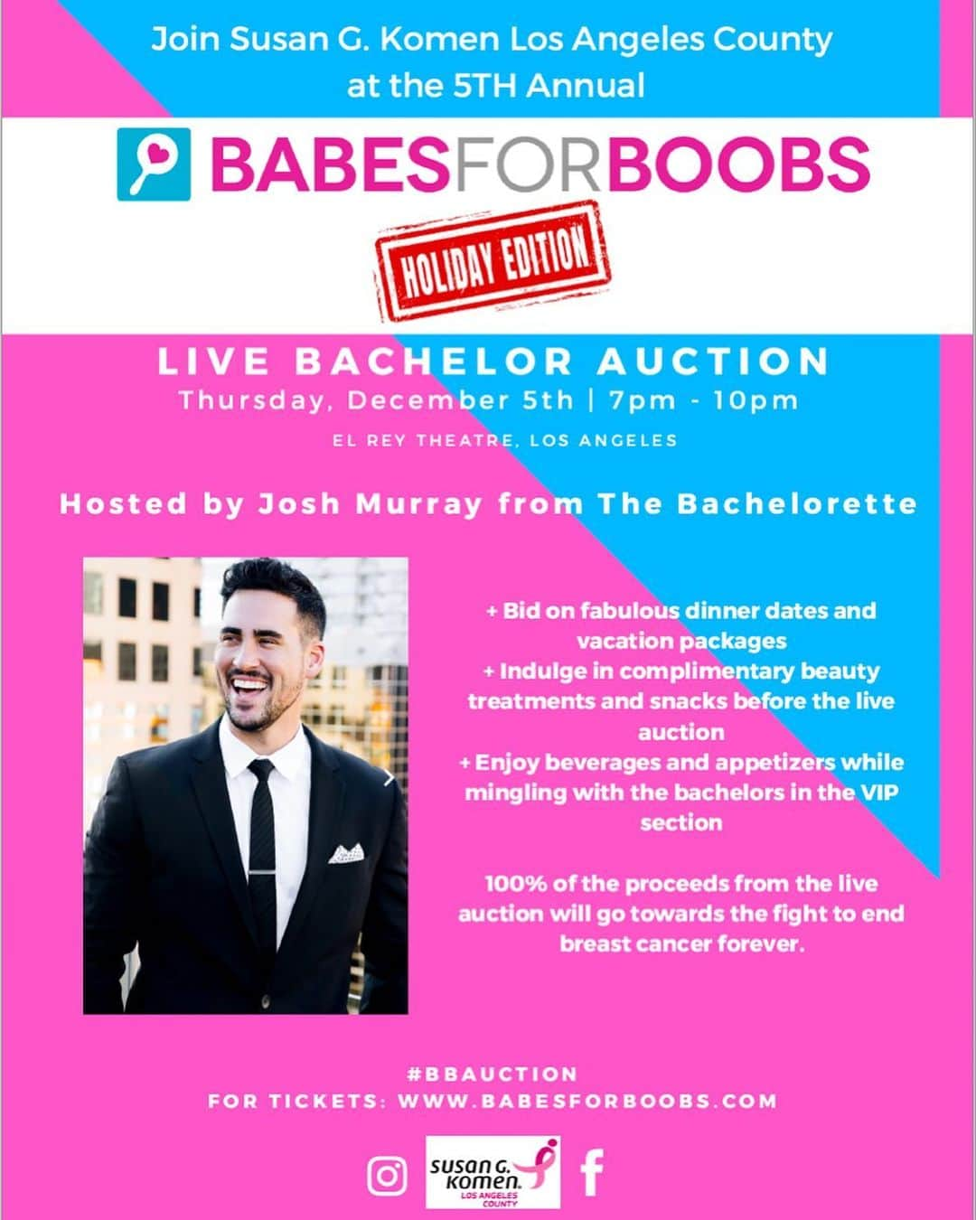 ジョッシュ・マレーさんのインスタグラム写真 - (ジョッシュ・マレーInstagram)「Honored to help Host this amazing event and raise money for a cause that affects so many - breast cancer!  Head to www.BabesForBoobs.com to get your tickets now!  20% off tickets through November 20th with promo code: B4BSAVE20 Let’s save some boobies, see you there! 🎀 #bbauction #la」11月7日 10時54分 - joshmurray11