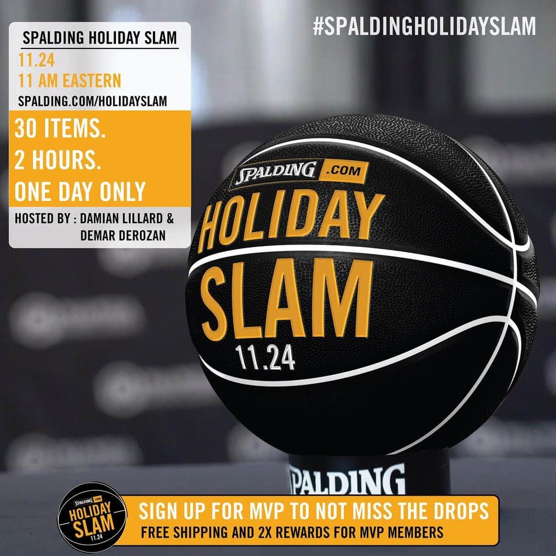 デイミアン・リラードのインスタグラム：「🚨I’ll be on the Spalding.com Holiday Slam with @demar_derozan on 11/24. 30 limited edition items only available for 2 hours. Hit the link in @spaldingball’s bio to sign up for Spalding MVP to get access to the drops. 🏀 #SpaldingHolidaySlam」