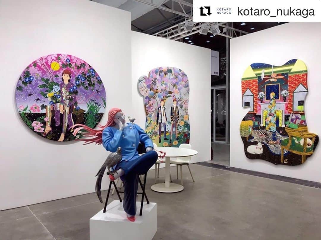 松山智一のインスタグラム：「Starts in a few. Feelin’ happy to be back in Asia. @wbartdesign art fair 上海での個展も今日から。設営無事終了。  #Repost @kotaro_nukaga  West Bund Art & Design in Shanghai is starting today.﻿ KOTARO NUKAGA is looking forward to seeing you at booth N309.﻿ ﻿ KOTARO NUKAGAは、明日より上海で開催されるアートフェアWest Bund Art & Designに出展いたします。松山智一の新作を揃え、皆様のご来場をお待ちしております。﻿ ﻿ ﻿ West Bund Art & Design﻿ DATE : November 7 Thu. – 10 Oct. 2019﻿ VENUE : West Bund Art Center, 2555 Long Teng Avenue, Xuhui District, Shanghai﻿ URL : http://westbundshanghai.com/﻿ BOOTH : N309﻿」