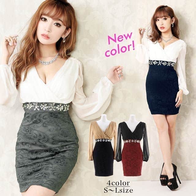 のインスタグラム：「11/7 (Thu)#REARRIVALS ⇒ai81010￥3,980+tax⠀ .⠀ 肌触りの良いシフォンを使用したタイトミニドレス💖👗⠀ 柔らかな生地は着用時に締め付け感を感じず、ストレスフリーで長時間の着用も出来る優秀ドレス。✨⠀ シフォンなので清楚なイメージを演出し、さり気なく見える胸元に異性の視線を一人占め♪💕💕⠀ .⠀ model→ @kanaxxy_0421⠀⠀ #杉山佳那恵⠀ ⠀ .⠀ #dazzy #dress #dazzystore #通販 #ドレス #ファッション #可愛い #CUTE #セクシー #SEXY #キャバ #キャバドレス  #キャバ嬢 #ミニドレス ＃タイトドレス #ナイトドレス #ニュークラ #ガールズバー #shooting #ネットショッピング #ootd #いいね #フォローミー #thanks #❤ #ドレス買うならdazzy 😘」