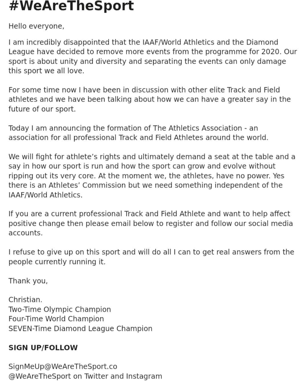 クリスチャン・テイラーさんのインスタグラム写真 - (クリスチャン・テイラーInstagram)「I believe this decision by IAAF could ultimately be a blessing for the sport. It has motivated many athletes to come together and make a stand. I am hoping for the unity of all track and field athletes around the world. #WEARETHESPORT」11月8日 5時16分 - taylored2jump