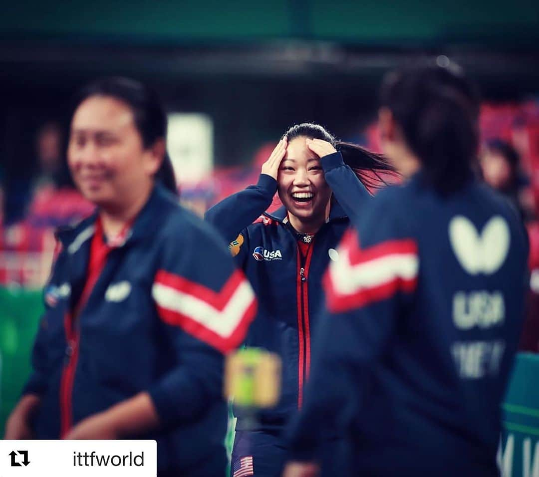 リリー・チャンのインスタグラム：「MOOD 🤩 #Repost @ittfworld with @get_repost ・・・ You better believe it! 🇺🇸#TeamUSA men AND women are into the QUARTER-FINALS of #Tokyo2019 🥳  @usatabletennis keeps rising ⏫」