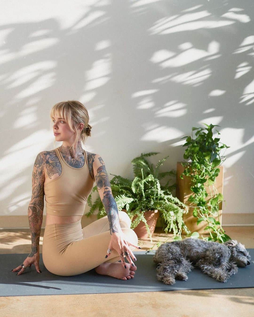 サラ・Xのインスタグラム：「I realized today that even though I regularly do yoga at home (YouTube 🙏🏼) and in class, I don’t really post about it, because I feel a little funny about it. I worry that my form isn’t right, and that it isn’t impressive because I’m not in Instagrammable poses.  I struggle with chronic pain, so I do yoga to manage my pain levels and remain mobile. Something is wrong with my connective tissue and when I don’t move around enough I feel like the Tin Man of Wizard of Oz fame if he had also been hit by a bus.  ANYWAY, that’s a lot of words to tell you that as of today, I’m not going to feel uncool about it anymore. I don’t have any rad photos of my practice right now, but I do have a four legged yoga buddy who is exceptional at savasana.  Barely there (but not see through!) yoga set gifted from @vayumudra - the color is Latte and I was inspired by seeing women who looked super cool in skin toned workout gear walking around LA. I’m not sure I pull it off (Patrick keeps thinking I’m actually walking around in the nude 😬) but it feels exceptional ✨」