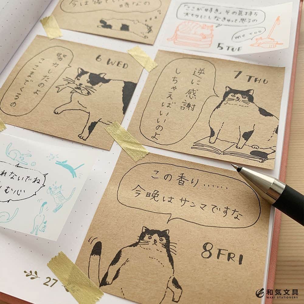 文房具の和気文具さんのインスタグラム写真 - (文房具の和気文具Instagram)「今回はイラストふせん活用でセリフ日記を書いてみました。使ったのは『ヒサゴ ネコを好きな6の理由ふせん』 ・ ふてぶてしいけど愛らしい猫ちゃんたち。こういうふせんを手にすると、ついつい喋らせたくなるんですよね～(^^) 今日はどの猫ちゃんに何を喋らせようかしら？なんて、考えるのは楽しいです♪ ・ 6の理由 ●その1：邪魔する姿が憎めない所 ●その2：毛繕いする姿に癒やされる所 ●その3：気づくとこっちを見ている所 ●その4：野生を忘れてない所 ●その5：眠っている姿が無防備な所 ●その6：しっぽで語る所 ワタクシ2匹のねこちゃんと暮らしておりますが、どの理由も「うんうん、分かる～」と頷けるんです(^^) ・ イラスト付きのふせんの使いみちにお困りの際はぜひぜひ『セリフ日記』に活用してみてくださいね♪ ・ #手帳 #日記 #ノート #ふせん #猫 #文房具 #文具 #文具控 #手帳会議 #diary #journal #notebook #HISAGO #stationery #和気文具 #大阪」11月8日 11時45分 - wakibungu