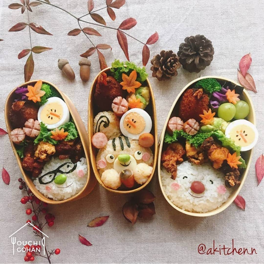 のインスタグラム：「【#おうちごはんLover 】﻿photo by @akitchen.n . すっかり秋らしくなってきた今日このごろ🍁🍂✨週末はお弁当を持ってお出かけ❗という方も多いのではないでしょうか🌟🌟そこで今日は秋らしさいっぱいな🍁 @akitchen.n さんのお弁当🍱をご紹介‼️ . 「凄いの、作って❣️」との次女さんのリクエストに応えて作られた、リスの遠足弁当をはじめとする3種類のかわいらしいのお弁当には、はんぺんに海老を混ぜて丸めたものを油で揚げた太っちょ海老フライ🍤や花ソーセージなどおいしそうなおかずがぎっしり😋💖✨ . そして、よく見ると茹でたまごには小さなとんぼが✨✨にんじんで作った紅葉🍁も愛らしくて、秋を感じる盛り付けがとっても素敵で思わずうっとり😍❣️❣️ . 遠足でお弁当を開けた瞬間、次女さんが笑顔で喜んでいる姿が目に浮かびますね🤗✨✨ . ------------------ ◆ #おうちごはんLover を付けて投稿するとおうちごはんの記事やこのアカウントで紹介させていただくことがございます。スタッフが毎日楽しくチェックしています♪﻿﻿ .﻿ ［staff : mico］﻿ ------------------﻿ .﻿ #おうちごはんlover #おうちごはんラバー #ouchigohanlover #デリスタグラマー #ouchigohan #いつものいただきますを楽しく #おうちカフェ #おうちごはん #lin_stagrammer #foodporn #foodphoto #foodstyling #lunch #昼ごはん #お弁当 #わっぱ弁当 #遠足弁当 #秋ごはん #秋の味覚 #bento #obento #japanesefood #washoku」