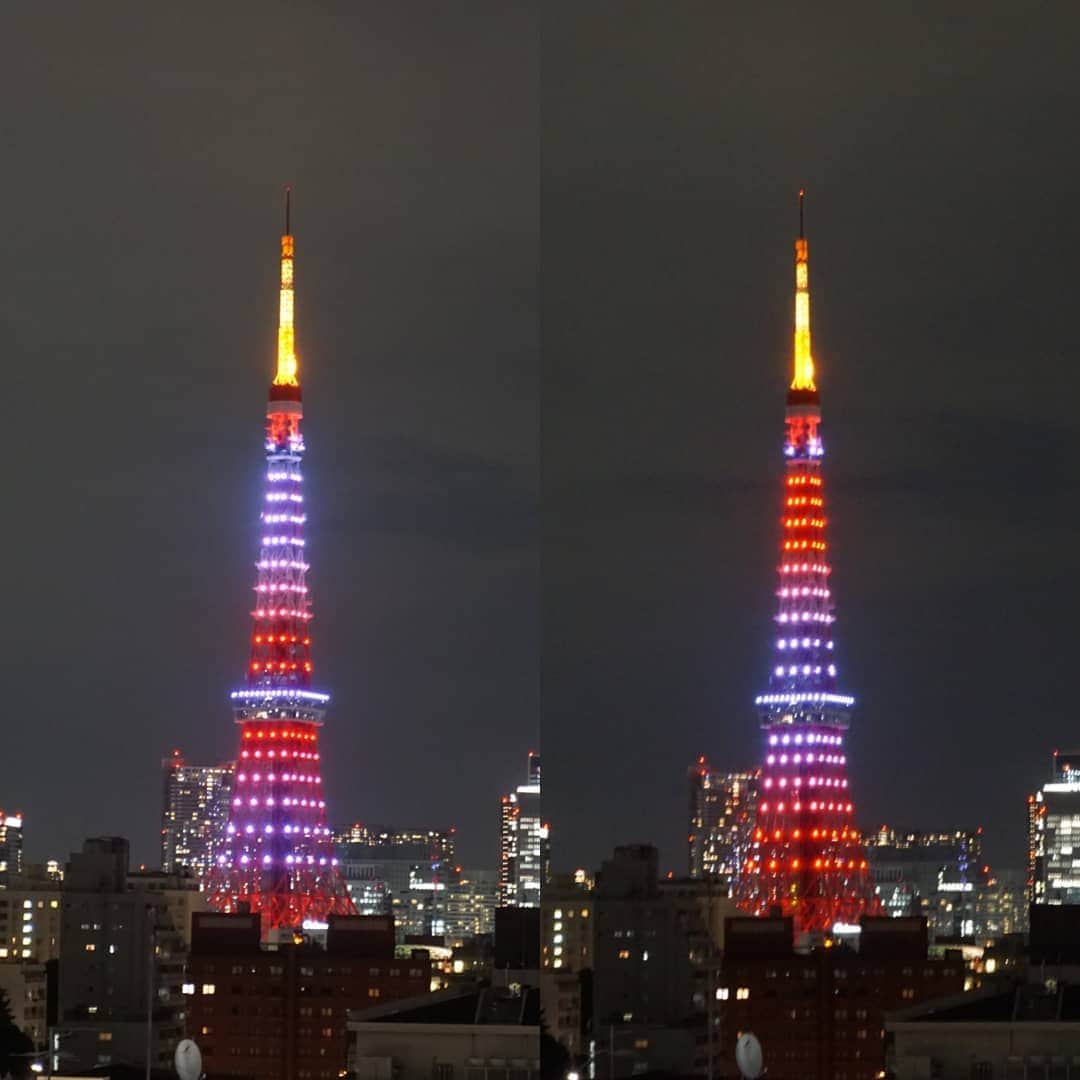 田畑祐一のインスタグラム：「今日の21時前と21時後の変化です。毎日楽しみですね～  #東京タワー  #夜景  #イルミネーション」