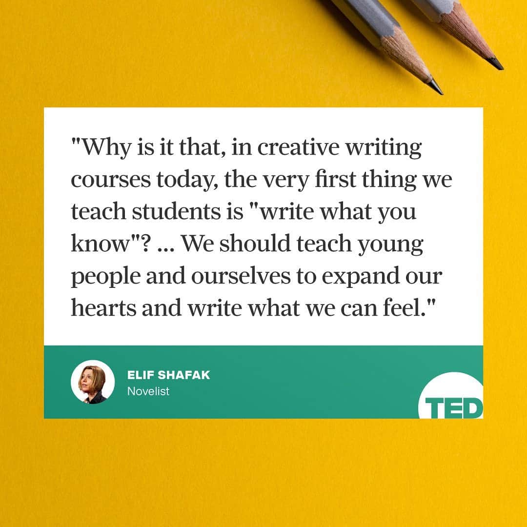 TED Talksのインスタグラム：「“Write what you know” is common advice for writers, but novelist Elif Shafak encourages us to take a different approach. In her #TEDTalk, she explores how reading and writing fiction can help us widen our imaginations, leap over cultural walls, and embrace different experiences. Visit the link in our bio for her full talk. #NaNoWriMo @nanowrimo」