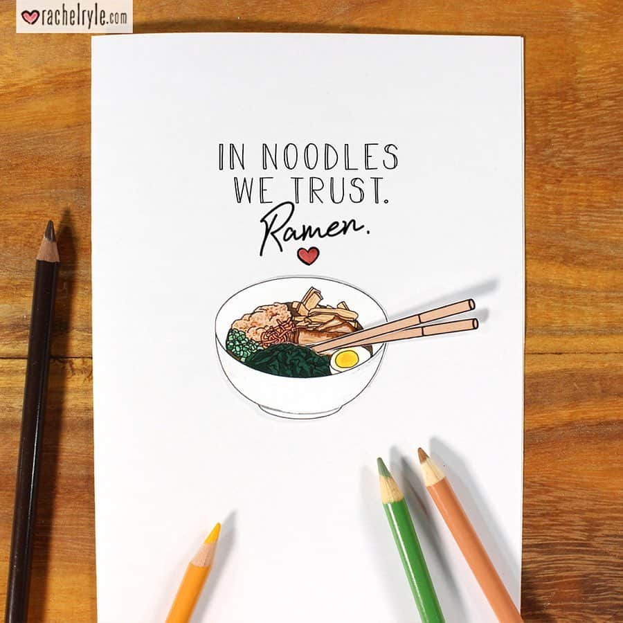 Rachel Ryleのインスタグラム：「Feast your eyes on this! I cooked up a storm on an animation that’s filled with all of our favorite foods. While these doodles are elsewhere in motion, I figured I’d dish out the full collection of illustrations so that you can enjoy my take on “artisanal” meals & tasteful puns. If you see a dish you’d like to share, please feel free to pass the plated post along to the people you love! After all, a meal is best when shared! To see what I cooked up with these drawings, check out my Story where I’ve shared a link to the animation I made with @lettuceentertainyou! And if you’d like to try one of these dishes in real life, see if they have a restaurant near you on leye.com! #art #drawing #illustration #food #instafood #foodie #burger #fries #ramen #pizza #pasta #spaghetti #hummus #steak #crab #claws #tiki #tikidrink #keylimepie #pie #🍔 #🥩 #🍕#🍲 #🍝 #🍰 #🍹」